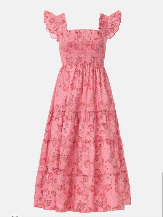 Hill House Dresses & Skirts - Hill House Pink Floral Ruffle-Shoulder Smocked Midi Dress